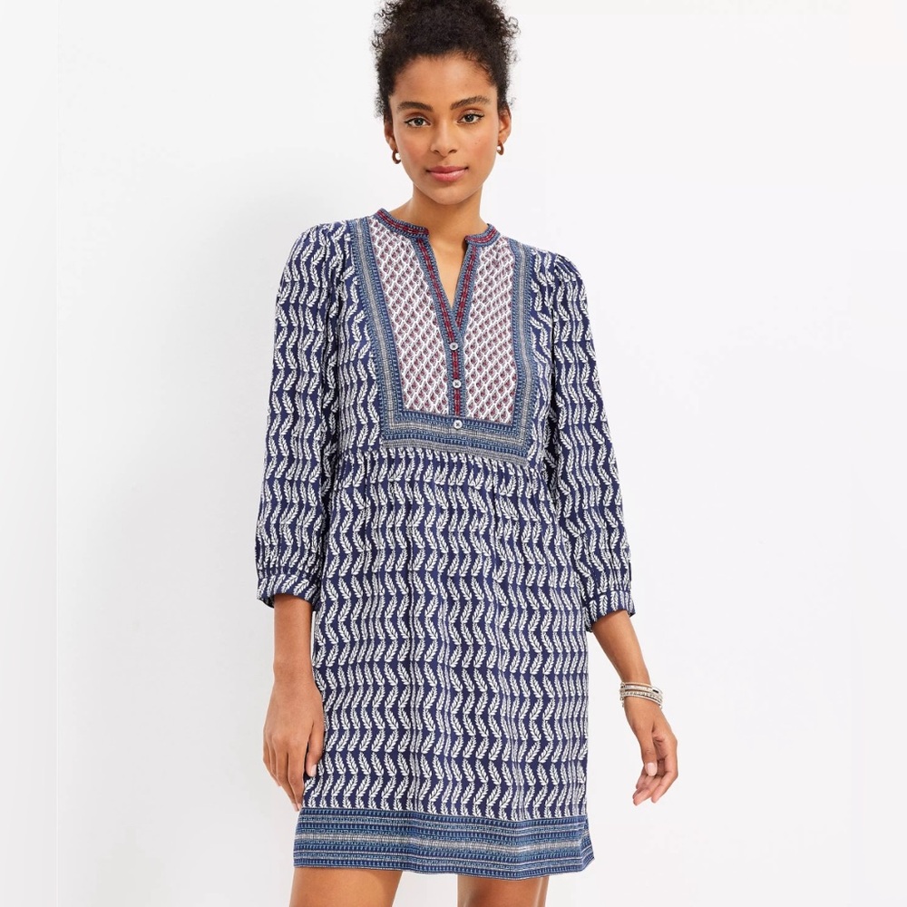 LOFT Dress Boho Leaf Printed Puff Sleeve Henley Printed Size XXS
